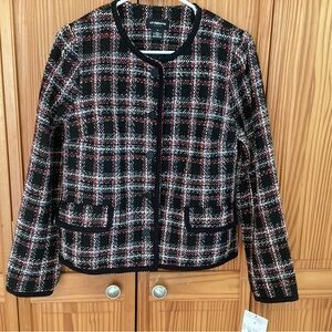 Liz Claiborne Black Plaid Tweed Jacket with Red & White Threads